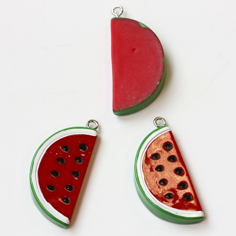 PLASTIC BEADS - RESIN 3D - PENDANTS - WATERMELON 01 - 12x27x4mm RED-GREEN-WHITE - 2pcs. Hole-2.2mm