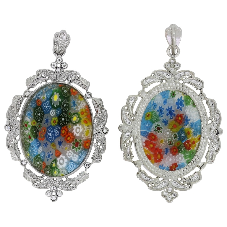 GLASS BEADS - MURANO TYPE - PENDANT WITH METAL AND CRYSTALS - OVAL MILLEFIORI 01 - 38x58x9mm COLORFUL - PACKAGE 4pcs. Hole holder-3.5mm