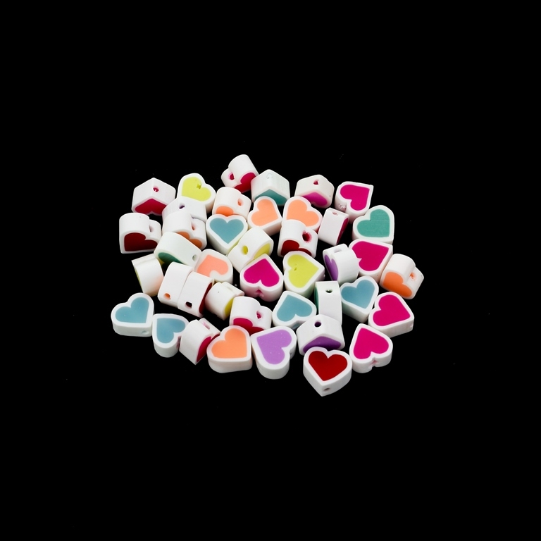 POLYMER CLAY FIMO BEADS - HEART 01 WITH WHITE OUTLINE - 7-10x8-12x5mm MIX COLORS - PACKAGE 1020pcs. Hole-2.5mm