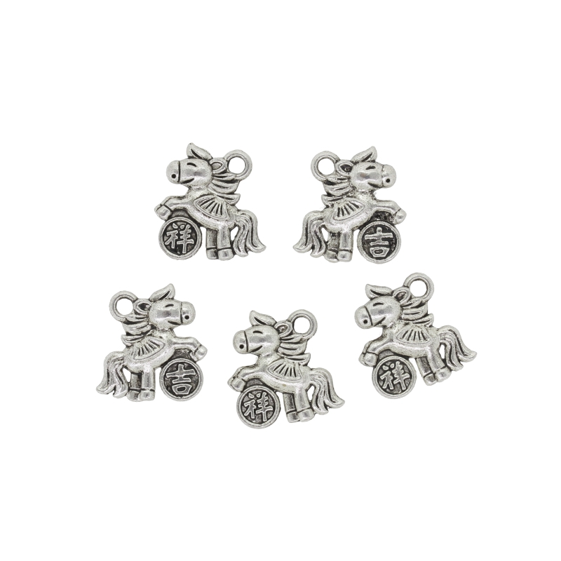 METAL BEADS - PENDANT - HORSE WITH LUCKY CHARM - 16x16x3mm NICKEL - 10pcs. Hole-2.0mm