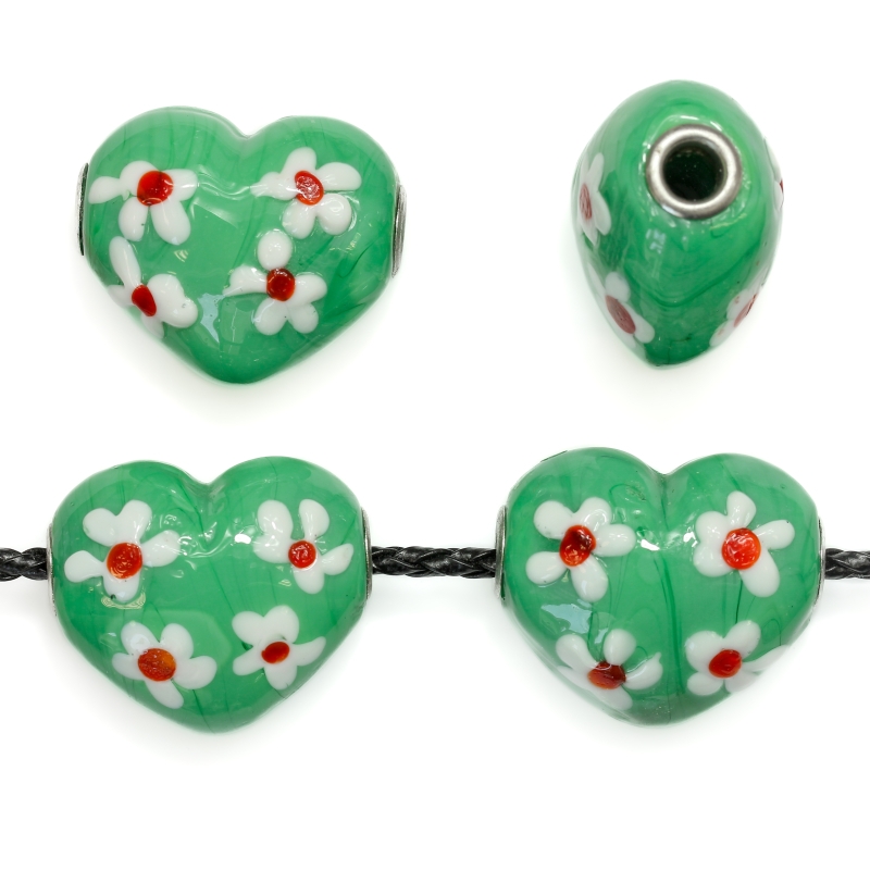 PANDORA TYPE BEADS - GLASS - HEART WITH DAISIES - 31x27x20mm GREEN-WHITE-RED - PACKAGE 20pcs. Hole-5.0mm