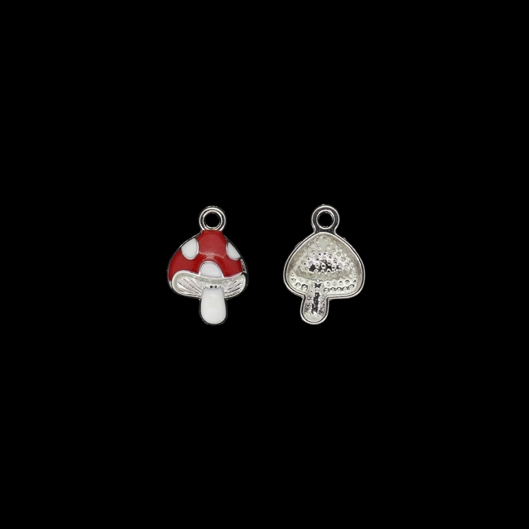 METAL BEADS WITH ENAMEL - PENDANT - MUSHROOM 02 - 11x16x4mm NICKEL AND RED-WHITE - PACKAGE 40pcs. Hole-2.0mm