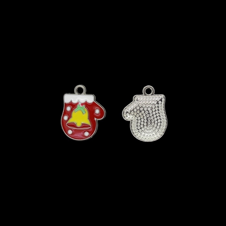 METAL BEADS WITH ENAMEL - PENDANT - CHRISTMAS GLOVE 01 - 15x19x2mm NICKEL AND RED-YELLOW - 4pcs. Hole-2.0mm