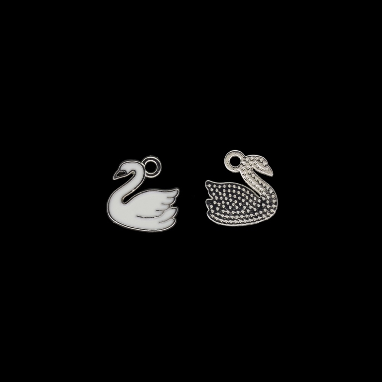 METAL BEADS WITH ENAMEL - PENDANT - SWAN 04 - 14x14x1mm NICKEL AND WHITE - PACKAGE 50pcs. Hole-1.8mm