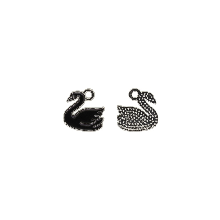 METAL BEADS WITH ENAMEL - PENDANT - SWAN 04 - 14x14x1mm NICKEL AND BLACK - PACKAGE 50pcs. Hole-1.8mm