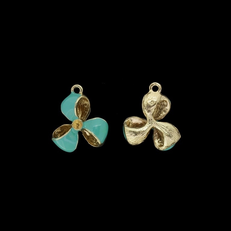 METAL BEADS WITH ENAMEL - PENDANT - RIBBON 04 - 18x21x7mm GOLD AND GREEN - 3pcs. Hole-2.0mm