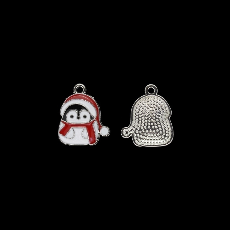 METAL BEADS WITH ENAMEL - PENDANT - PENGUIN 02 - 17x20x3mm NICKEL AND WHITE-RED - 4pcs. Hole-1.8mm