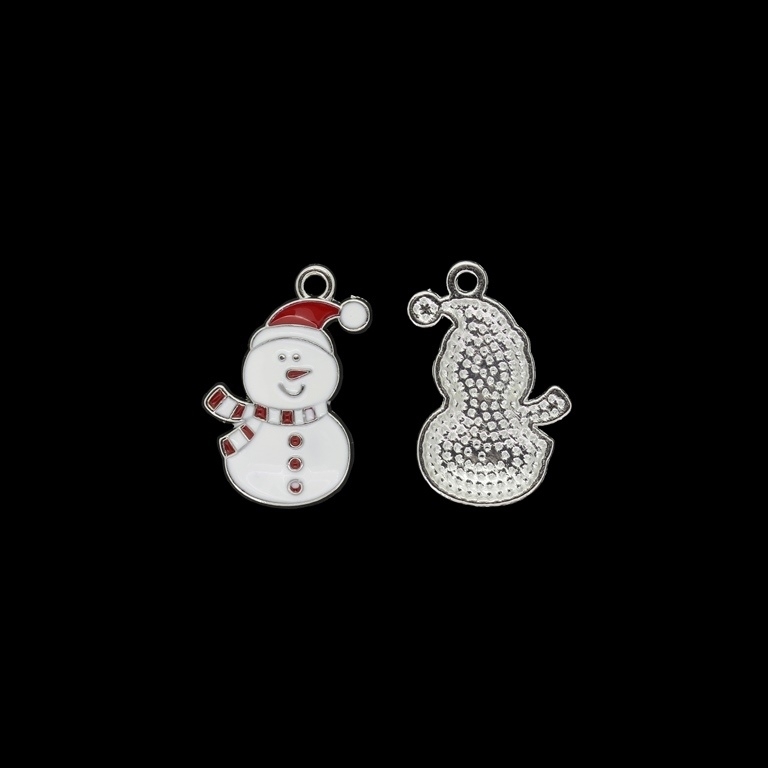 METAL BEADS WITH ENAMEL - PENDANT - SNOWMAN 02 - 15x24x3mm NICKEL AND WHITE-RED - PACKAGE 40pcs. Hole-1.8mm