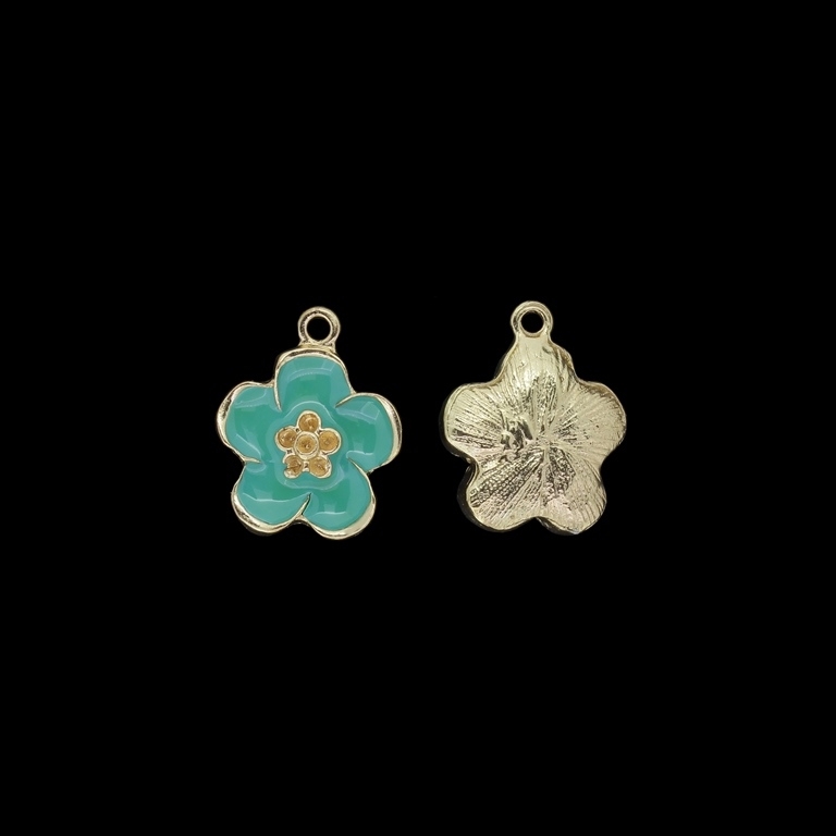 METAL BEADS WITH ENAMEL - PENDANT - FLOWER 25 - 17x21x5mm GOLD 03 AND GREEN - PACKAGE 30pcs. Hole-2.0mm