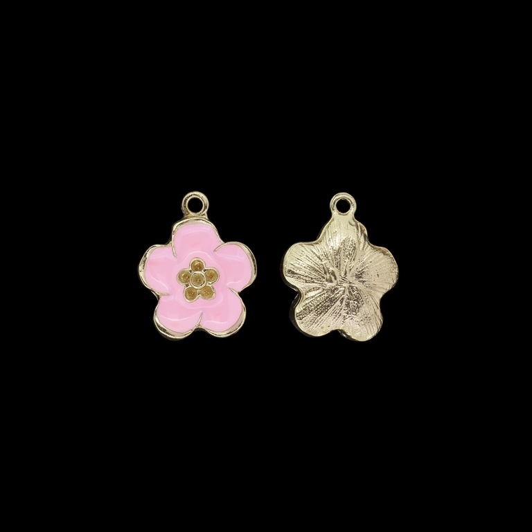 METAL BEADS WITH ENAMEL - PENDANT - FLOWER 25 - 17x21x5mm GOLD 03 AND PINK - PACKAGE 30pcs. Hole-2.0mm