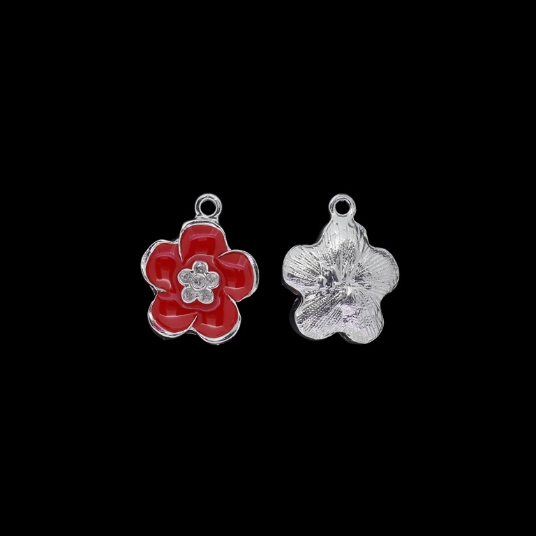 METAL BEADS WITH ENAMEL - PENDANT - FLOWER 25 - 17x21x5mm NICKEL AND RED - 3pcs. Hole-2.0mm