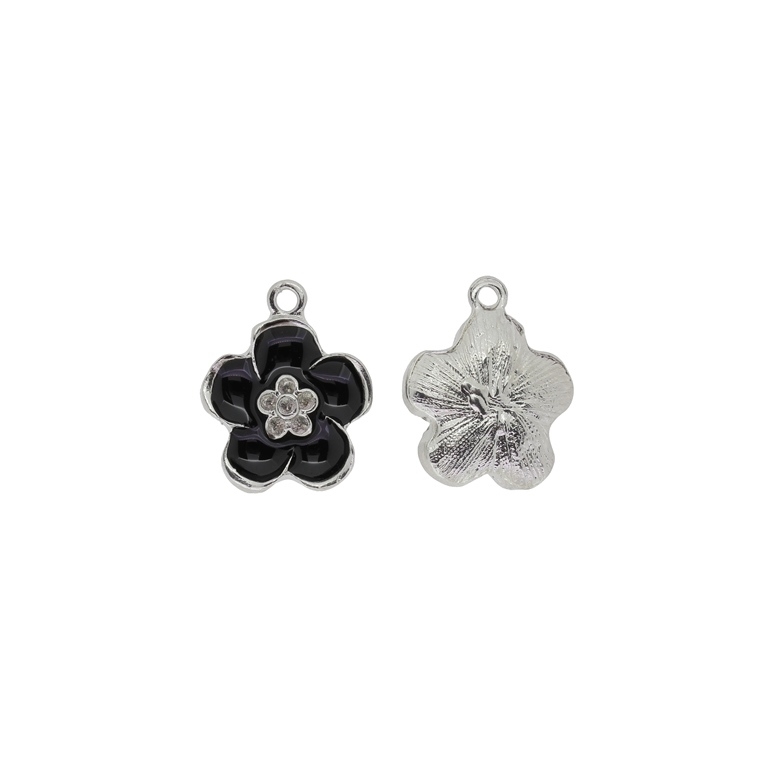 METAL BEADS WITH ENAMEL - PENDANT - FLOWER 25 - 17x21x5mm NICKEL AND BLACK - 3pcs. Hole-2.0mm