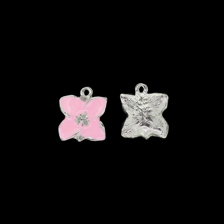 METAL BEADS WITH ENAMEL - PENDANT - FLOWER 30 - 16x19x4mm NICKEL AND PINK - PACKAGE 30pcs. Hole-2.0mm