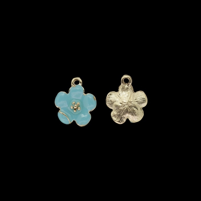 METAL BEADS WITH ENAMEL - PENDANT - FLOWER 34 - 15x18x4mm GOLD AND TURQUOISE - PACKAGE 40pcs. Hole-1.9mm