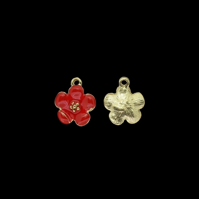 METAL BEADS WITH ENAMEL - PENDANT - FLOWER 34 - 15x18x4mm GOLD AND RED - PACKAGE 40pcs. Hole-1.9mm