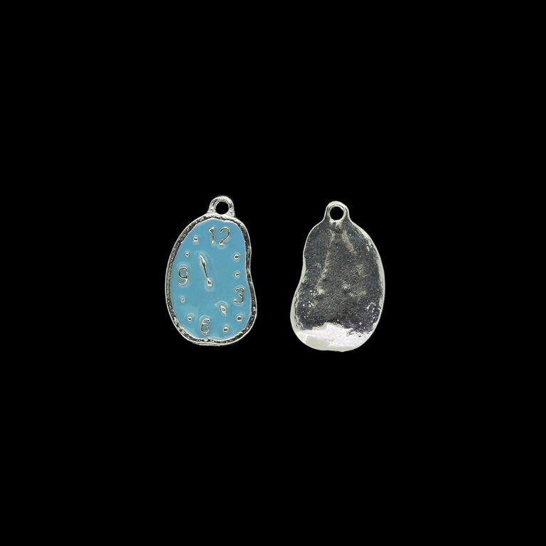 METAL BEADS WITH ENAMEL - PENDANT - CLOCK ASYMMETRIC - 13x20x2mm NICKEL AND TURQUOISE BLUE - 6pcs. Hole-1.8mm