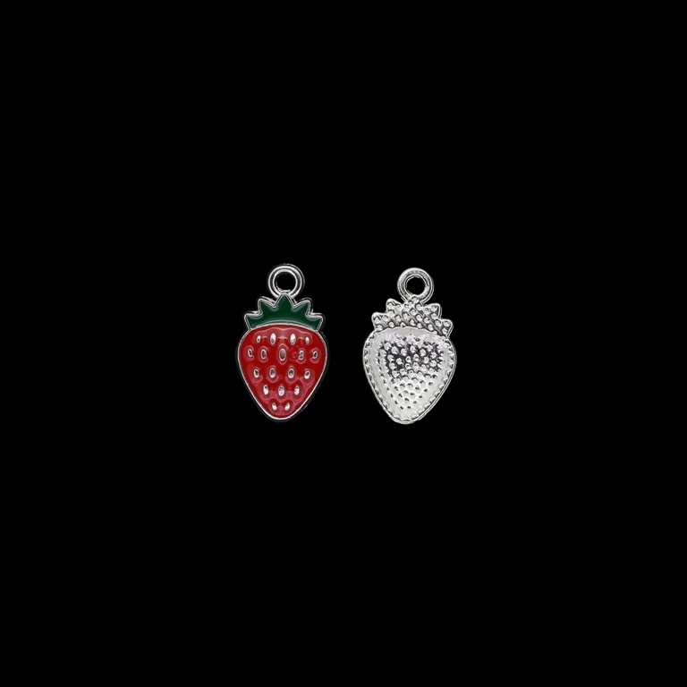 METAL BEADS WITH ENAMEL - PENDANT - STRAWBERRY 02 - 10x17x2mm NICKEL AND RED-GREEN - 4pcs. Hole-2.0mm