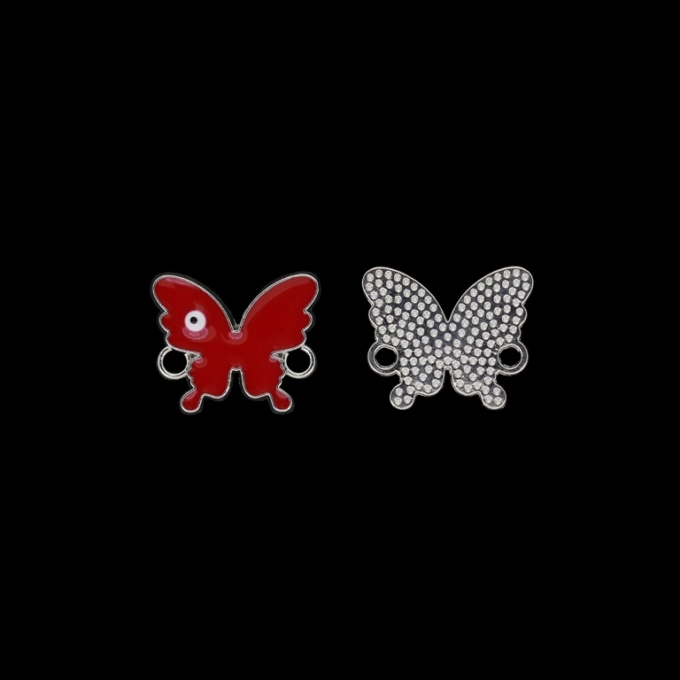 METAL BEADS WITH ENAMEL - CONNECTING ELEMENT WITH 2 RINGS - BUTTERFLY 05 - 18x15x2mm NICKEL AND RED - PACKAGE 40pcs. Hole-2.2mm