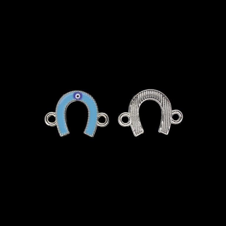 METAL BEADS WITH ENAMEL - CONNECTING ELEMENT WITH 2 RINGS - HORSESHOE WITH EYE 01 - 21x15x2mm NICKEL AND TURQUOISE BLUE - 4pcs. Hole-2.2mm