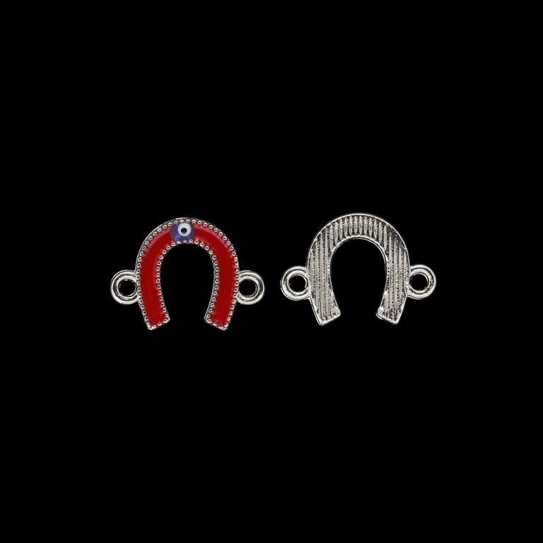 METAL BEADS WITH ENAMEL - CONNECTING ELEMENT WITH 2 RINGS - HORSESHOE WITH EYE 01 - 21x15x2mm NICKEL AND RED - 4pcs. Hole-2.2mm