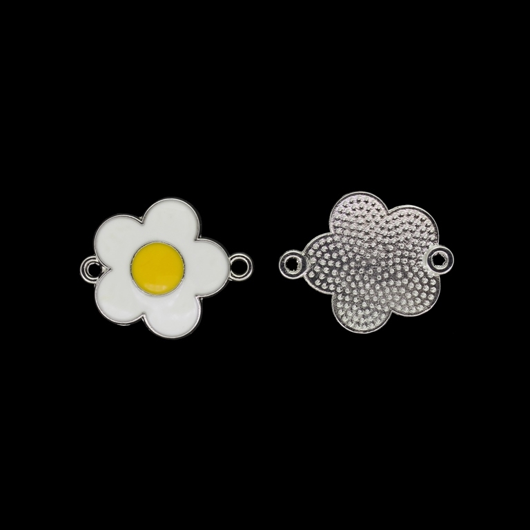 METAL BEADS WITH ENAMEL - CONNECTING ELEMENT WITH 2 RINGS - FLOWER 38 - 24x19x2mm NICKEL AND WHITE-YELLOW - PACKAGE 40pcs. Hole-1.8mm