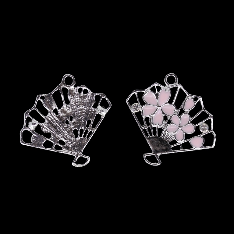 METAL BEADS WITH ENAMEL AND CRYSTALS - UV - PENDANT - FAN WITH FLOWERS 01 - 31x29x2mm NICKEL AND PINK (LIGHT) - 2pcs. Hole-2.5mm