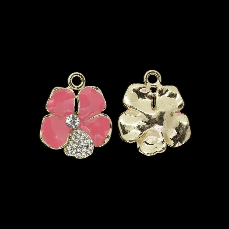 METAL BEADS WITH ENAMEL AND CRYSTALS - PENDANT - FLOWER 22 - 24x28x5mm GOLD AND PINK (DARK) - PACKAGE 20pcs. Hole-2.8mm