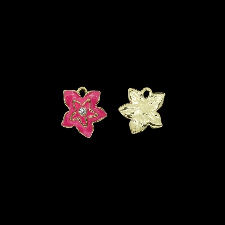 METAL BEADS WITH ENAMEL AND CRYSTALS - PENDANT - FLOWER 27 - 15x17x3mm GOLD AND PINK (DARK) - 5pcs. Hole-1.8mm