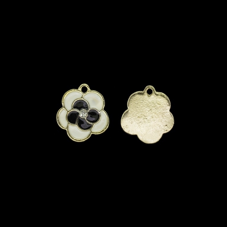 METAL BEADS WITH ENAMEL AND CRYSTALS - PENDANT - FLOWER 28 - 18x19x2mm GOLD AND WHITE-BLACK - PACKAGE 50pcs. Hole-1.8mm