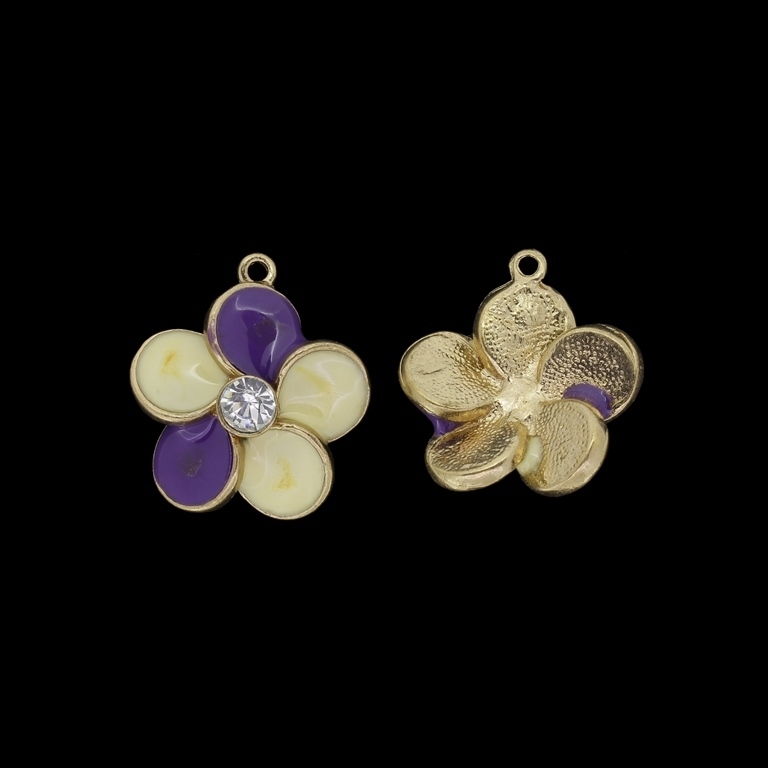 METAL BEADS WITH ENAMEL AND CRYSTALS - PENDANT - FLOWER 36 - 23x25x8mm GOLD AND ECRU (DARK)-PURPLE (DARK) - 2pcs. Hole-1.8mm