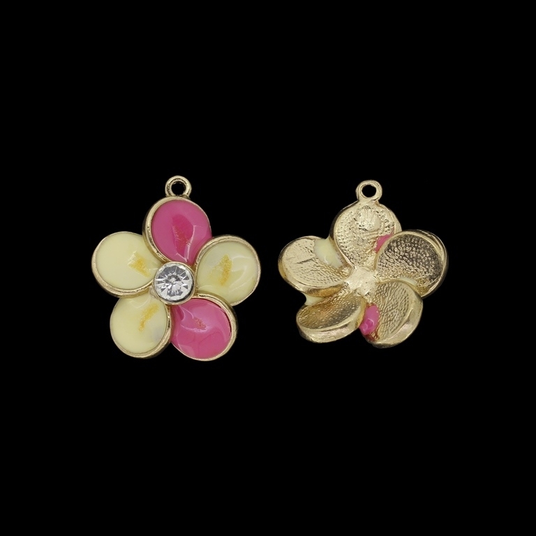 METAL BEADS WITH ENAMEL AND CRYSTALS - PENDANT - FLOWER 36 - 23x25x8mm GOLD AND ECRU (DARK)-PINK (DARK) - PACKAGE 20pcs. Hole-1.8mm