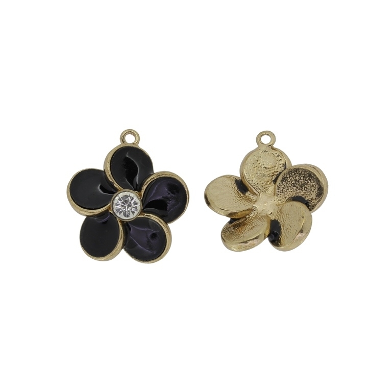 METAL BEADS WITH ENAMEL AND CRYSTALS - PENDANT - FLOWER 36 - 23x25x8mm GOLD AND BLACK - PACKAGE 20pcs. Hole-1.8mm