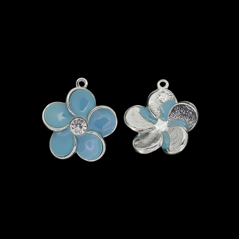 METAL BEADS WITH ENAMEL AND CRYSTALS - PENDANT - FLOWER 36 - 23x25x8mm NICKEL AND TURQUOISE BLUE (DARK) - 2pcs. Hole-1.8mm