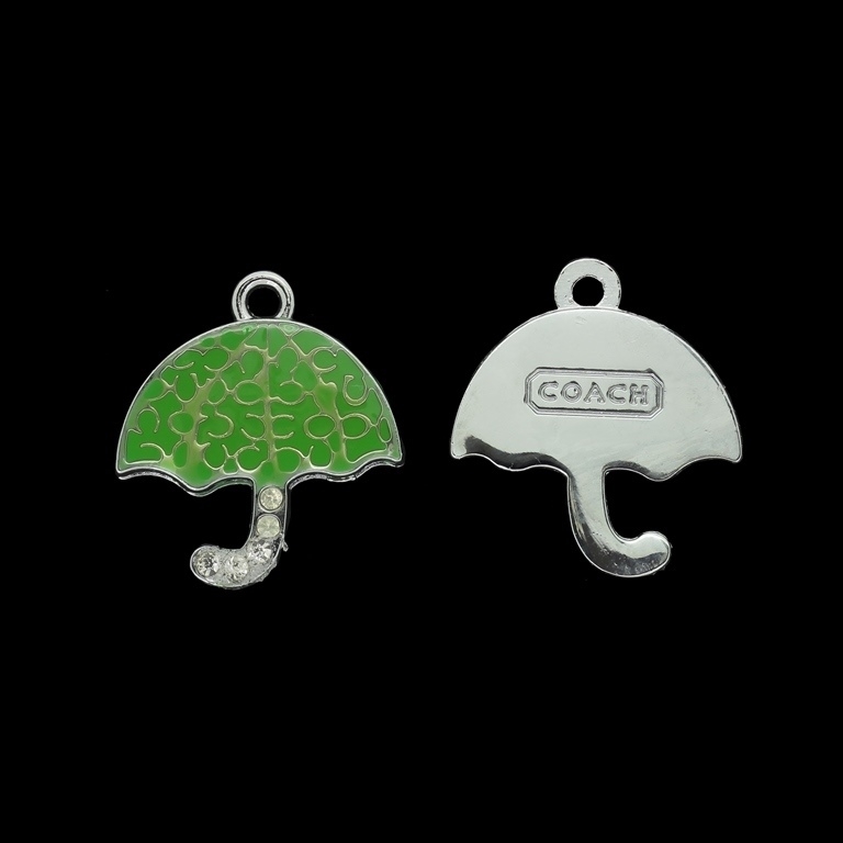 METAL BEADS WITH ENAMEL AND CRYSTALS - PENDANT - UMBRELLA 03 - 26x28x3mm NICKEL AND GREEN - 2pcs. Hole-2.8mm