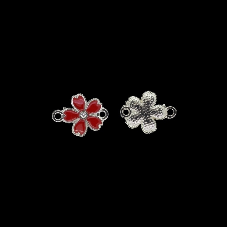 METAL BEADS WITH ENAMEL AND CRYSTALS - CONNECTING ELEMENT WITH 2 RINGS - FLOWER 21 - 18.5x14x2mm NICKEL AND RED - PACKAGE 40pcs. Hole-1.8mm