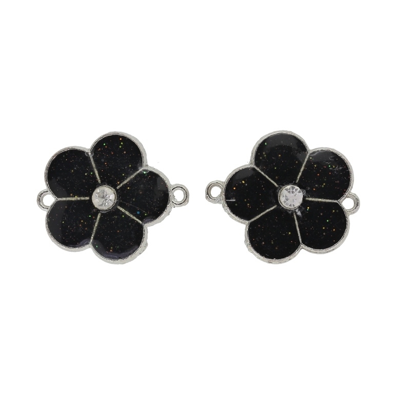 METAL BEADS WITH ENAMEL AND CRYSTALS - CONNECTING ELEMENT WITH 2 RINGS - FLOWER 37 - 29x25x6mm NICKEL AND BROWN (DARK) WITH GLITTER - 2pcs. Hole-2.2mm