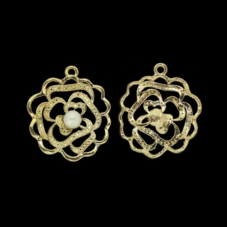 METAL BEADS WITH ENAMEL AND PEARLS - PENDANT - FLOWER 23 - 28x31x3mm GOLD AND WHITE - 2pcs. Hole-2.0mm