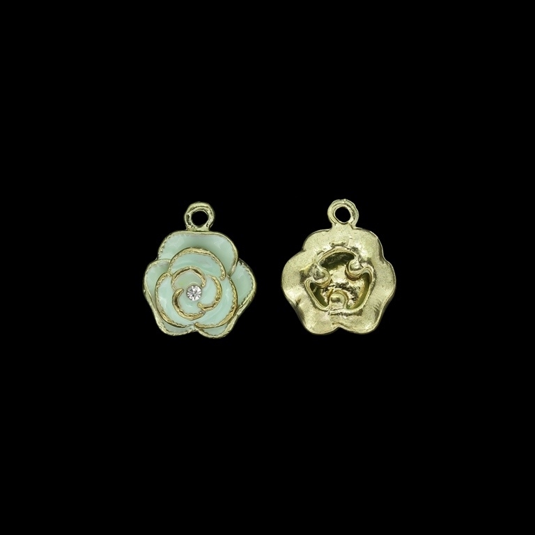 METAL BEADS WITH ENAMEL AND CRYSTALS - PENDANT - ROSE 09 - 16x19x7mm GOLD AND MINT (LIGHT) - PACKAGE 40pcs. Hole-2.0mm