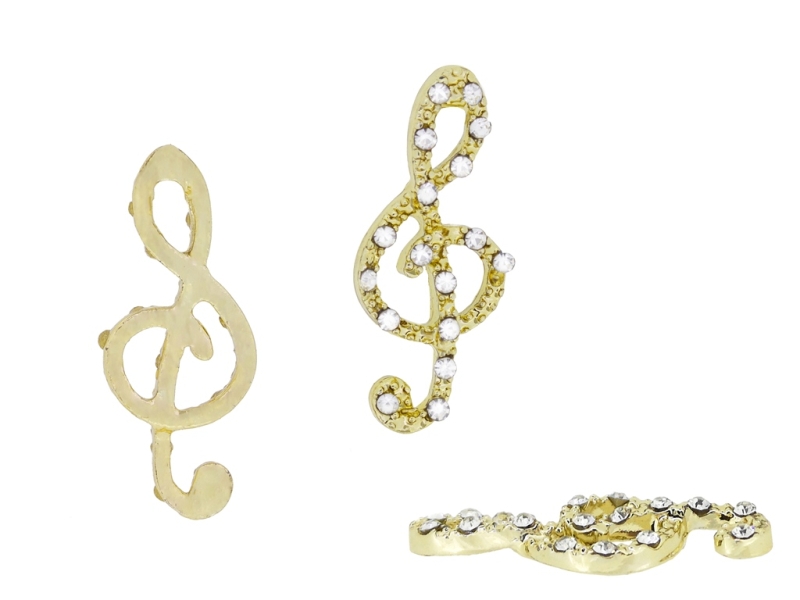 METAL - CHARMS PENDANT WITH HOLDER 1 HOLE UV COATING WITH CRYSTALS - TREBLE CLEF 01 - 10x24x2.5mm GOLD COLOR AND WHITE - PACKAGE 20pcs.