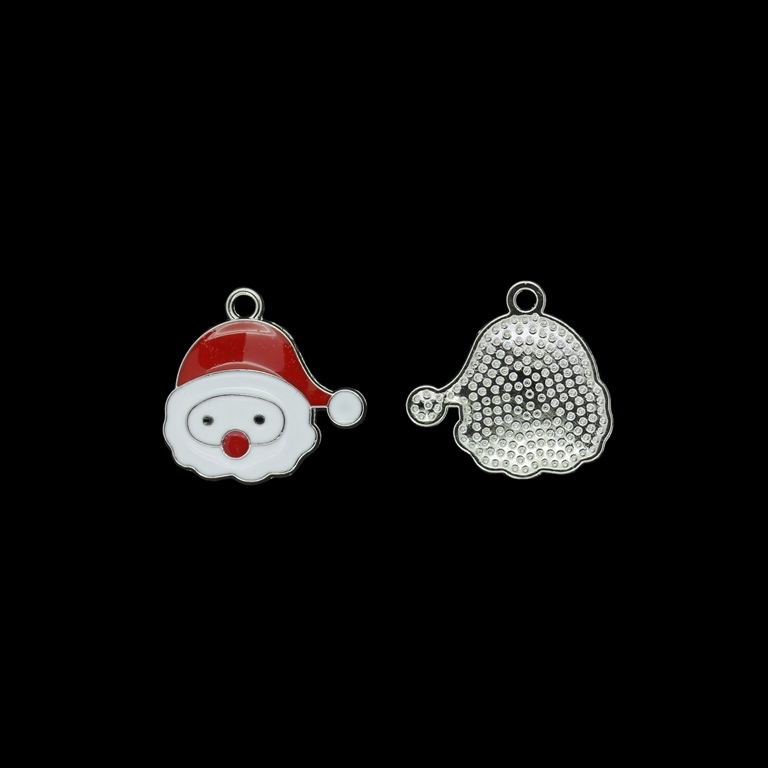 METAL BEADS WITH ENAMEL - PENDANT - SANTA CLAUS 02 - 20x20x2mm NICKEL AND WHITE-RED - PACKAGE 40pcs. Hole-2.0mm