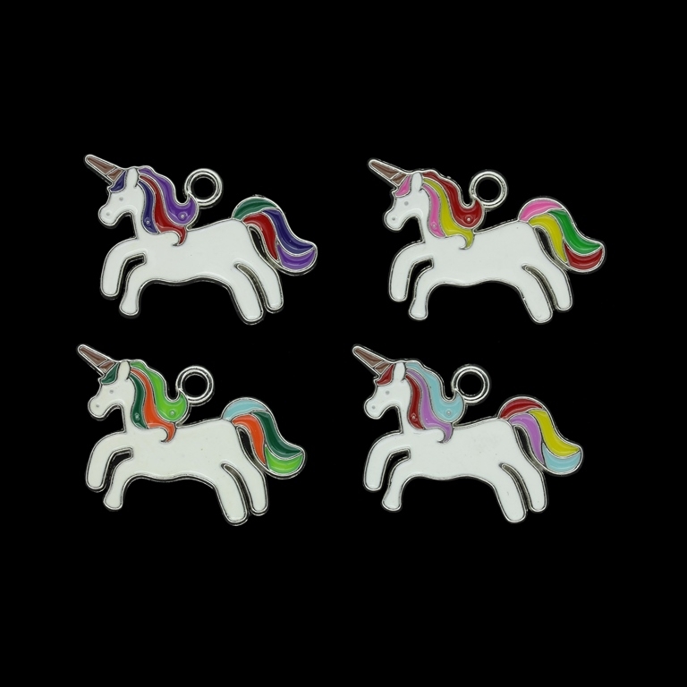 METAL BEADS WITH ENAMEL - PENDANT - UNICORN 02 - 28x17x1mm NICKEL AND WHITE-MIX - PACKAGE 40pcs. Hole-2.4mm