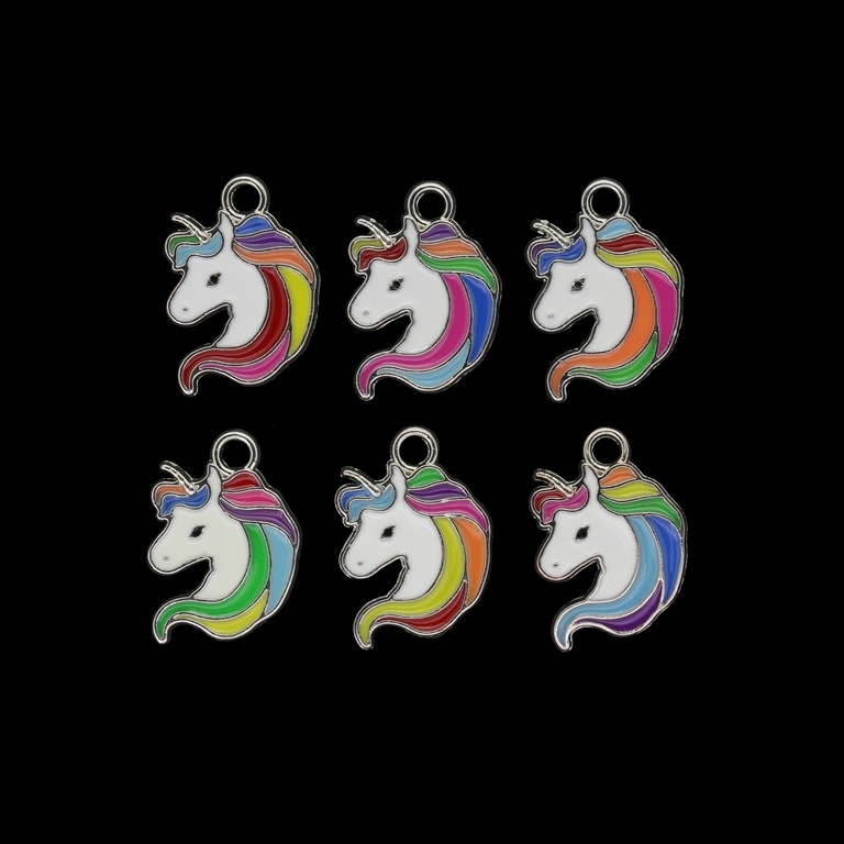 METAL BEADS WITH ENAMEL - PENDANT - UNICORN 03 - 14x19x1mm NICKEL AND WHITE-MIX - PACKAGE 40pcs. Hole-2.3mm