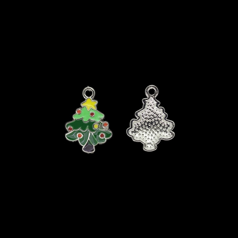 METAL BEADS WITH ENAMEL - PENDANT - CHRISTMAS TREE 06 - 15x20x3mm NICKEL AND GREEN-YELLOW - PACKAGE 40pcs. Hole-1.8mm