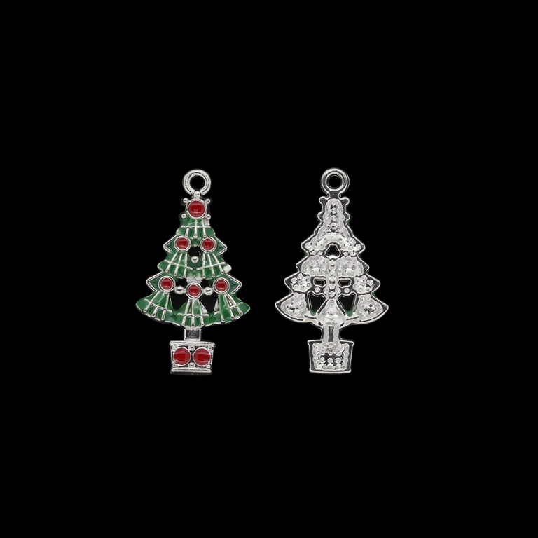 METAL BEADS WITH ENAMEL - PENDANT - CHRISTMAS TREE 07 - 16x29x3mm NICKEL AND GREEN-RED - 3pcs. Hole-1.8mm