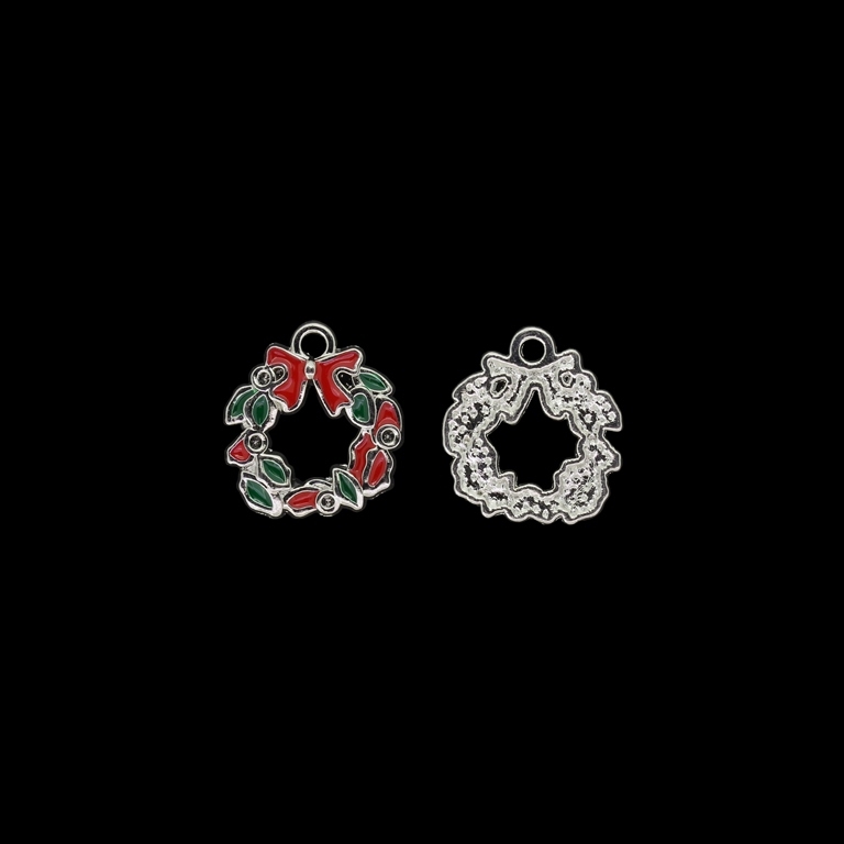 METAL BEADS WITH ENAMEL - PENDANT - CHRISTMAS WREATH 01 - 16x17x2mm NICKEL AND GREEN-RED - PACKAGE 40pcs. Hole-1.8mm