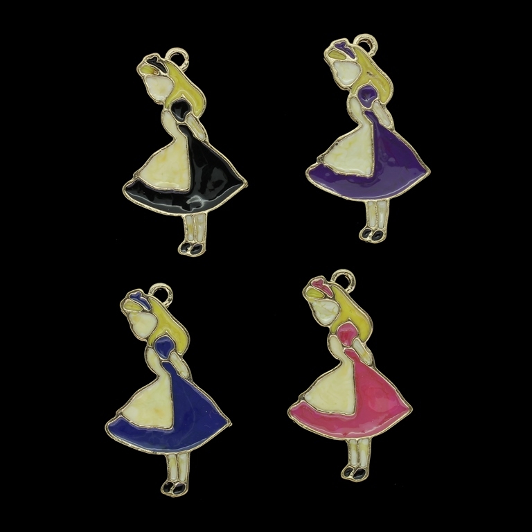 METAL BEADS WITH ENAMEL - PENDANT - GIRL ALICE - 18x30x2mm GOLD AND MIX - PACKAGE 50pcs. Hole-1.5mm