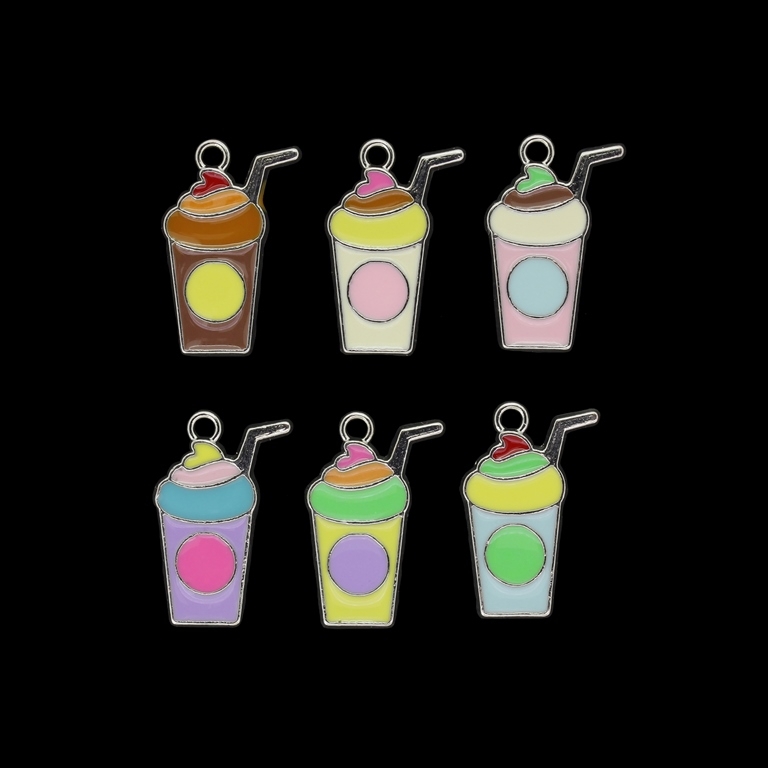 METAL BEADS WITH ENAMEL - PENDANT - DRINK WITH A STRAW 01 - 14x21x2mm NICKEL AND MIX - PACKAGE 40pcs. Hole-1.8mm