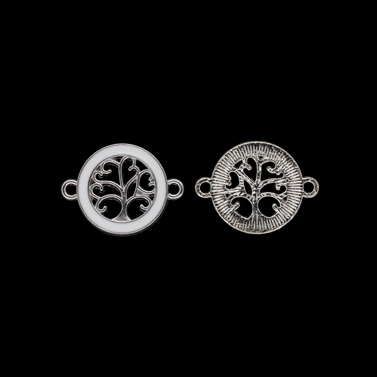 METAL BEADS WITH ENAMEL - CONNECTING ELEMENT WITH 2 RINGS - TREE OF LIFE 02 - 25x19x2mm NICKEL AND WHITE - 3pcs. Hole-2.0mm