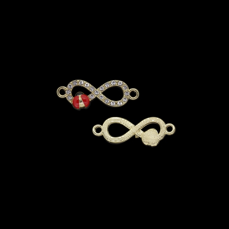 METAL BEADS WITH ENAMEL AND CRYSTALS - CONNECTING ELEMENT WITH 2 RINGS - INFINITY WITH LADYBUG 01 - 27x10x3mm GOLD AND RED - PACKAGE 30pcs. Hole-1.9mm