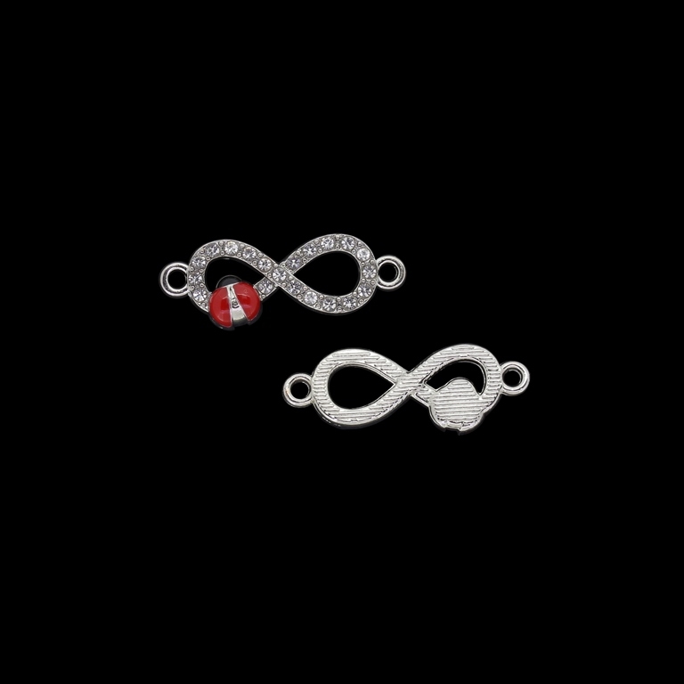 METAL BEADS WITH ENAMEL AND CRYSTALS - CONNECTING ELEMENT WITH 2 RINGS - INFINITY WITH LADYBUG 01 - 27x10x3mm NICKEL AND RED - 3pcs. Hole-1.9mm